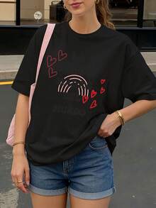 Camiseta negra con estampado de arco iris y corazones para mujer estilo casual - Negro - Ver 1