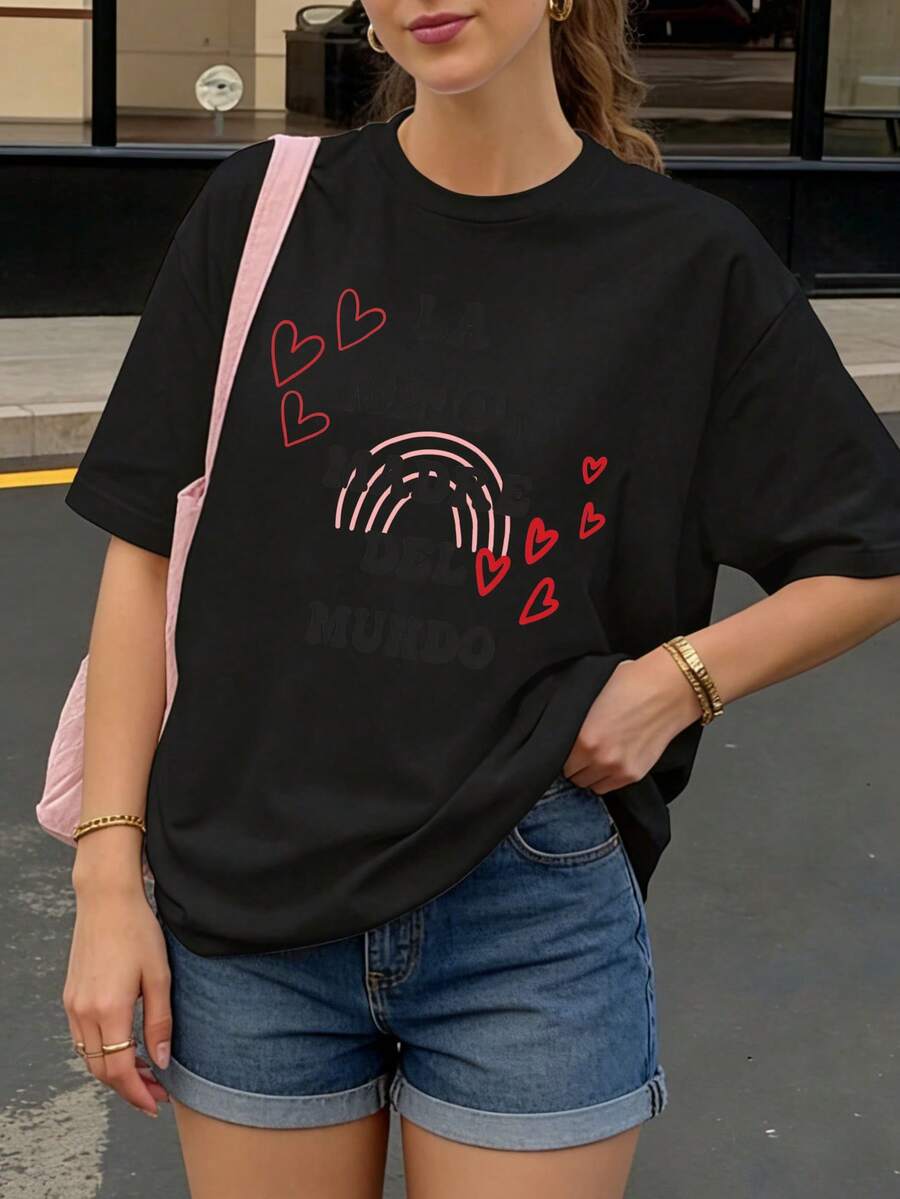 Camiseta negra con estampado de arco iris y corazones para mujer estilo casual - Negro - Ver 1