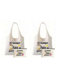 Printed Canvas Tote Bag With White Pouch, Featuring "El-Tiempo Dios Es Perfecto" Text, Colorful Sun And Heart Graphics, Portable Casual Storage Handbag, Simplified Travel Makeup Bag, Large Capacity Travel Bag, Ideal For Shopping, Weddings, Birthdays, Beaches, Holidays, Back To School - White - View 17