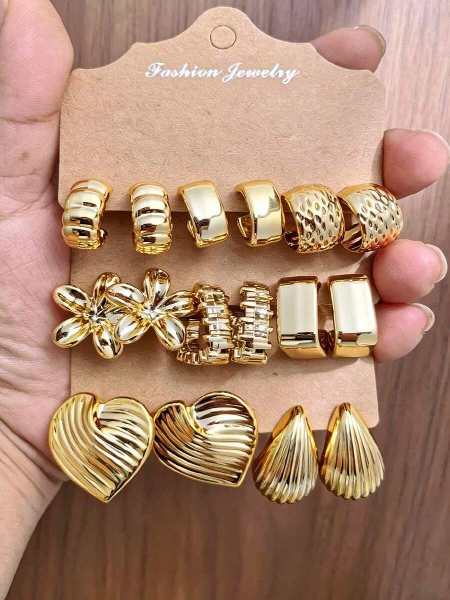 Bộ 6-18 bông tai thời trang mạ vàng, kiểu dáng thanh lịch, phù hợp để đeo hàng ngày, dự tiệc và các sự kiện. - Nhiều màu - Xem 1