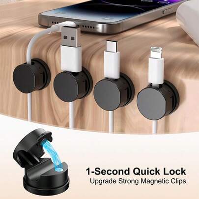 7pcs 360° Rotatable Strong Magnetic Cable Clips, Suitable For Bedside Table, 1-Second Lock Phone Charger Cable, Home/Office/Car/Gaming Console Self-Adhesive Magnetic Cable Clips, Smooth Adjustable