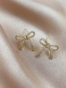 1 Pair New Elegant Fashion Bowknot Earrings, Simple Versatile Sparkling Rhinestone Earrings - Gold - View 3