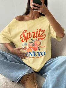 女款復古 Spritz Italia 圖案針織圓領短袖落肩 T-shirt 上衣，春季街頭風夏季款 - 淡黃色 - 查看 2