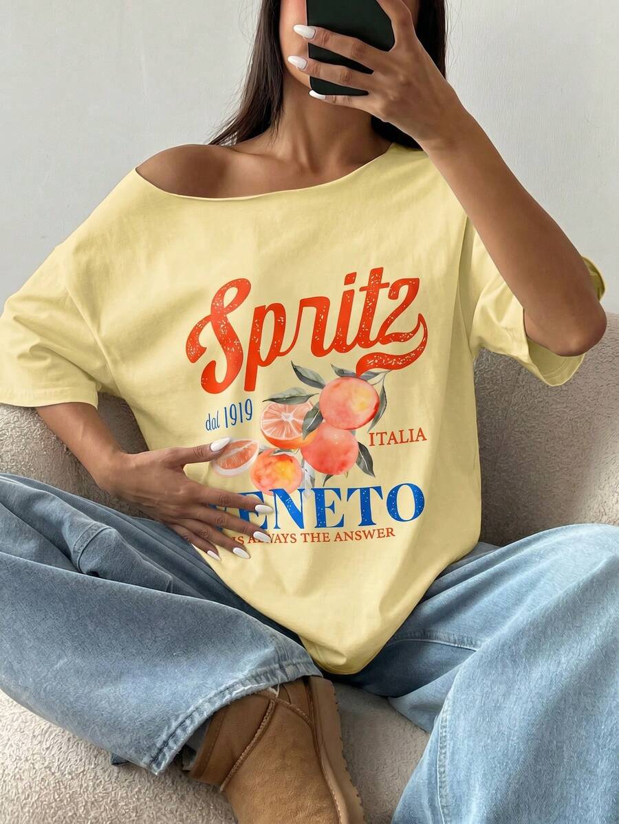 女款復古 Spritz Italia 圖案針織圓領短袖落肩 T-shirt 上衣，春季街頭風夏季款