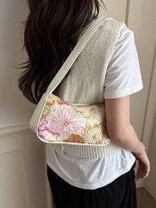 Floral Sequin Embroidered Underarm Bag, Women's Elegant Mesh Fabric & PU Trim Shoulder Hobo Bag For Daily & Party - Green - View 10