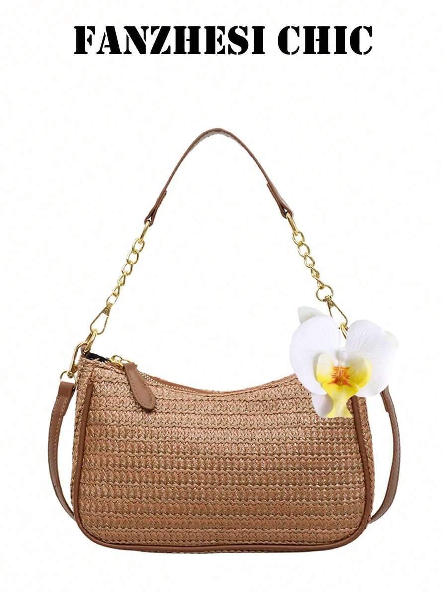 Brown Solid Color Women's Handbag With Yellow Faux Flower Pendant Decor. Features One Shoulder Strap Design, Woven Hollow-Out Design, Crescent-Shaped Silhouette, Smooth Metal Zipper Closure At Top, Single Handle And Adjustable Long Shoulder Strap. Can Be Worn As Shoulder Bag, Crossbody Or Handheld. Suitable For Women's Party, Travel, Business Trip, Daily Commute And Other Occasions, Versatile And Fashionable. - Brown - View 1