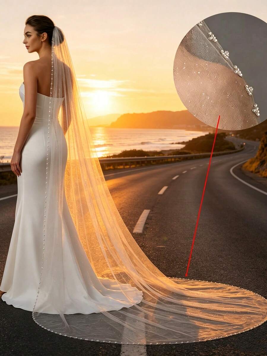 1pc Sparkling Beaded Bridal Veil, Long Trailing Style, Suitable For Beach/Church Wedding, Wedding Veil