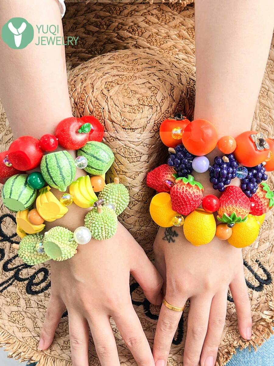 1 chiếc vòng tay hạt cườm hình trái cây 3D mới, trang sức hình trái cây phong cách Y2K mùa xuân, phụ kiện tối giản ngọt ngào phù hợp cho phụ nữ trong kỳ nghỉ hè. - Nhiều màu A - Xem 1