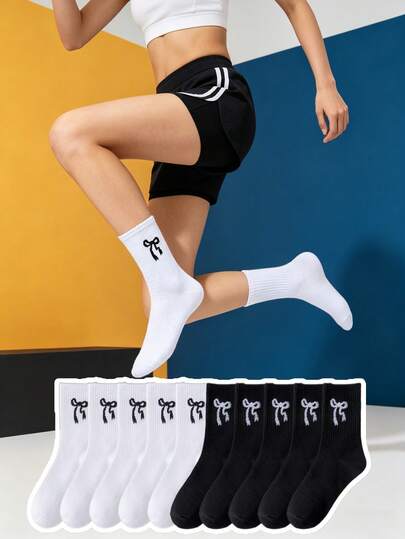 1/5/10 Pairs Unisex Bowknot Design Mid-Calf Socks - Suitable For Running, Fitness, Jogging Sports Socks, Black & White Cute Bowknot Socks, Suitable For Men And Women, Everyday Wear All Seasons