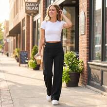 Damen High Waist Schlaghose, einfarbig schwarz, fließender Stoff, vielseitig kombinierbar für den Frühling - Schwarz - Übersicht 7