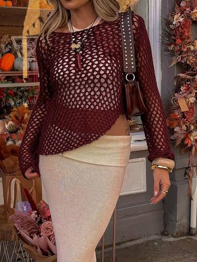 Just Masa 女士夏季休闲针织上衣，性感纯色时尚镂空半透明 Y2K 风圆领长袖毛衣，适合海滩、度假、晚间约会、派对、音乐节等场合。