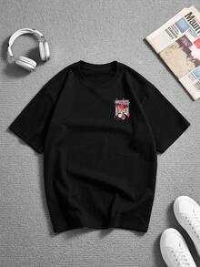 T-shirt à manches courtes col rond décontracté pour adolescents garçons avec imprimé graphique de voiture de dessin animé & palmier, convient aux garçons & filles, plage, vacances, camping, port quotidien - Noir - Voir 3