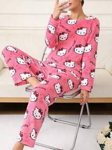 SANRIO 两件套可爱柔软毛绒睡衣，卡通印花加厚绒里长裤+上衣，白色/粉色/黑色/酒红色可选，保暖休闲家居服套装，适合春、秋、冬三季穿着，卡通动漫图案，时尚派对礼物，适合送给朋友、女朋友、情侣，也适合返校、感恩节、新年等节日礼物。 - 粉色 - 查看 9