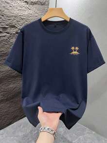 1 pieza Camiseta con estampado gráfico para hombre, ropa de playa de verano, camiseta de manga corta de corte holgado - Azul Marino - Ver 5