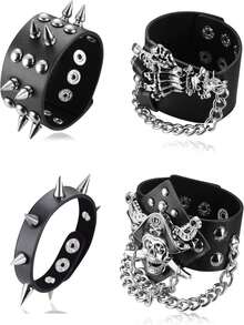 1-4 chiếc vòng tay da bản rộng, đính đinh tán hình đầu lâu quỷ dữ phong cách Punk Rock Gothic Biker màu đen, có thể điều chỉnh kích thước, dành cho nam giới. - Bạc - Xem 7