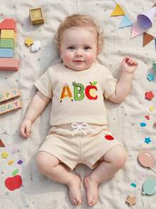 Toddler Boys Cotton Shorts Set Apple Letter Embroidered Casual Preppy Summer Back To School Outfits - Apricot - View 5