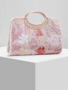 New European And American Fashion Pearl Embroidered Box Clutch Bag, Wedding/Evening Party Purse, Random Pattern - Pink - View 2