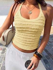 Solid Color Ribbed Halter Neck Top, Suitable For Beach, Vacation, And Dates In Spring/Summer - Yellow - View 3
