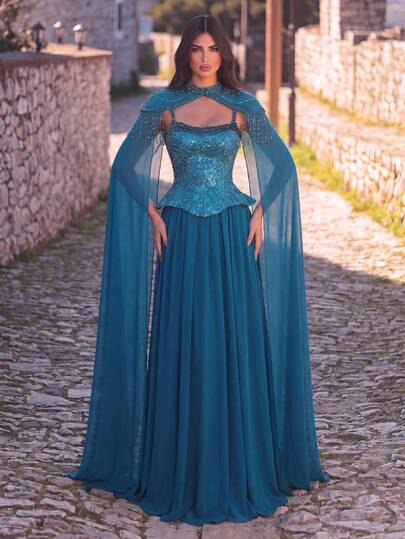 Faeriesty Women's Elegant 2 Pieces Pearl Chiffon Evening Dress: Fringe Cape-Style Shawl And Spaghetti Strap A-Line Dress