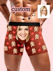 1 chiếc quần lót nam kiểu boxer in hình trái tim đỏ theo yêu cầu, màu đen, co giãn, thoáng khí, ngộ nghĩnh, cá nhân hóa, thích hợp làm quà tặng/kỷ niệm. - Nhiều màu - Xem 1