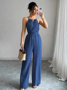 Women& # 39;S Casual Blue Wrinkled Fabric Sleeveless Halter Beaded Waist Twist Design Straight Jumpsuit Tie Bow Design At Back, Spring And Summer Royal Blue Group Purchase Sky Blue Group Buy Cerulean Blue - Màu xanh nhạt - Xem 12