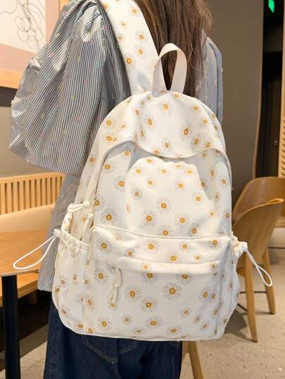 Ba lô nữ in họa tiết hoa cúc tối giản mới, balo học sinh cổ điển dung tích lớn, chống trộm, thoáng khí, nhiều ngăn đựng laptop, cặp sách học sinh tươi trẻ phù hợp cho năm học mới và du lịch.