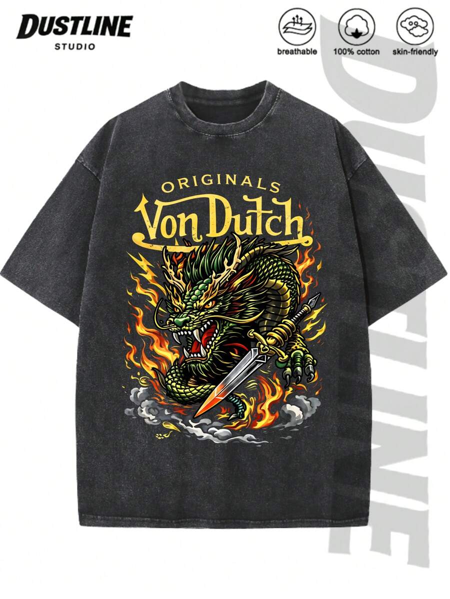 Mens Creative T Shirt American Vintage Full Print Street Wear Essential T Shirt Set Men Graphic T Shirt And Shorts Set With Dragon And Flowers Print Washed Look Vons Dutchs Logo Design For Casual Outfits Summer Wear - Black - View 1