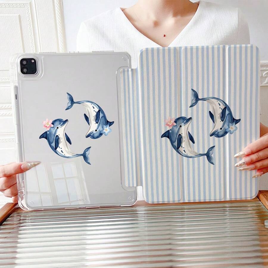 1 chiếc ốp lưng máy tính bảng in hình cá heo dễ thương, có khe cắm bút, chân đế từ tính đa góc và chức năng tự động tắt/mở màn hình, tương thích với iPad Pro/Air, , Pad 5/6/7, Matepad, Honor Pad. - Nhiều màu - Xem 1