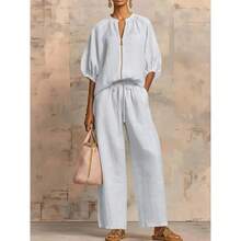 Women's Matching Lounge Set Quarter Zip Pullover Top Loose Wide Leg Pants 2 Piece Sweatsuit Casual Outfit - trắng - Xem 11