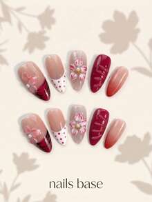 NAILS BASE 10片/組 粉色杏仁形長款法式漸層漸變美甲凝膠假指甲，附玫瑰紅花朵，杏仁形甲片，適合辦公場合的中性華麗風，日式手工 P - 彩色 - 查看 3