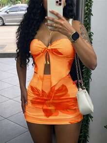 Women's Summer New Strapless Asymmetrical Hem Top And Ruched Skirt Sexy 2 Pieces Set, Suitable For Vacation And Beach Elegant - Orange - View 5