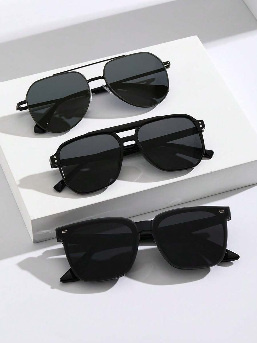 3 Pairs Men's Plastic & Metal Mixed Geometric Solid Color Classic Elegant Casual Basic Fashion Glasses, Suitable For Driving, Fishing, Camping, Beach, Outings And More - 3pcs Black Gray - View 1