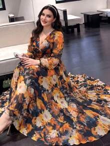 Elegant Plus Size Women's New Floral Print Long Sleeve Slimming A-Line Dress, All-Over Print, Casual Modest Elegant Spring - Mustard Yellow - View 4