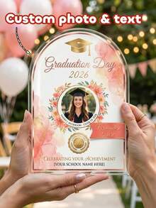 1 pieza Placa acrílica personalizada con foto y texto en forma de arco para graduación, adorno floral personalizado de graduación 2026 con foto, recuerdo de felicitaciones de graduación en oro rosa, decoración de fiesta de graduación, regalo de graduación único para ella y él, para graduados de escuela secundaria y universidad, centro de mesa de graduación, exhibición personalizada de foto de recuerdos de graduación - Multicolor - Ver 1