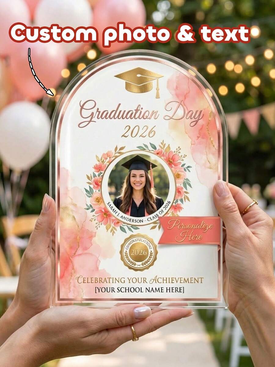 1 pieza Placa acrílica personalizada con foto y texto en forma de arco para graduación, adorno floral personalizado de graduación 2026 con foto, recuerdo de felicitaciones de graduación en oro rosa, decoración de fiesta de graduación, regalo de graduación único para ella y él, para graduados de escuela secundaria y universidad, centro de mesa de graduación, exhibición personalizada de foto de recuerdos de graduación - Multicolor - Ver 1