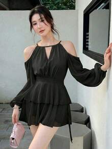 Vestido casual de mujer de unicolor elegante con mangas farol y hombros descubiertos - Negro - Ver 3