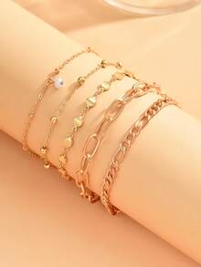 5pcs/Set Fashionable Minimalist Relaxed Vibe Gold Chain Anklets, Multi-Layer Stackable Anklet Jewelry Suitable For Sneakers, Casual Shoes, Formal Wear, Daily Wear, Sports, Photography For Women. Note: Handmade Chain Length Is Customized, Quantity Of Beads Is Random. - Gold - View 3