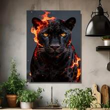 1 Póster de Pantera Negra en Llamas - Marco de Madera Sólida, Impresión Moderna Retro de Pantera, Lienzo Envoltorio Adecuado para Sala, Dormitorio, Decoración de Casa de Campo - Listo para Colgar, Regalo para Fiestas (Navidad, Día de la Madre), 2D Plano - Enmarcado - Ver 4