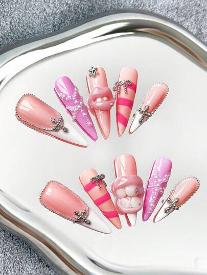 10pcs/Pack Y2K Luxury French 45mm Extra Long Pointed Nail Tips, 3D Lips & Teeth Design, Colorful, Metal Decor, Semi-Circle Pearl, Silver Steel Beads, Handmade, Exquisite, Creative, Versatile, Exaggerated, Elegant, Suitable For Wedding, Party, Outdoor, Beach, Daily, Holiday, Gathering, Work And Special Occasions