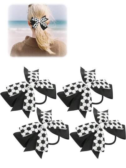 4pcs/2pcs/1pc Set Double-Layer Bow Football Print Hair Accessories - Cute Black & White Football Pattern Hair Scrunchies - Football Party Decor - Gift For Football Loving Ladies & Girls