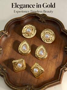 1/3pcs 18K Gold Plated Stainless Steel Vintage Pearl Earrings, Gold Baroque Style Pearl Earrings, Fashionable Geometric Oval Earrings, Anti-Oxidation & Hypoallergenic, Unique Asymmetrical Design, Suitable For Mother's Day, Valentine's Day, Party, Daily, Beach, Bridesmaid, Birthday & Holiday Jewelry Gift - Multicolor - View 2