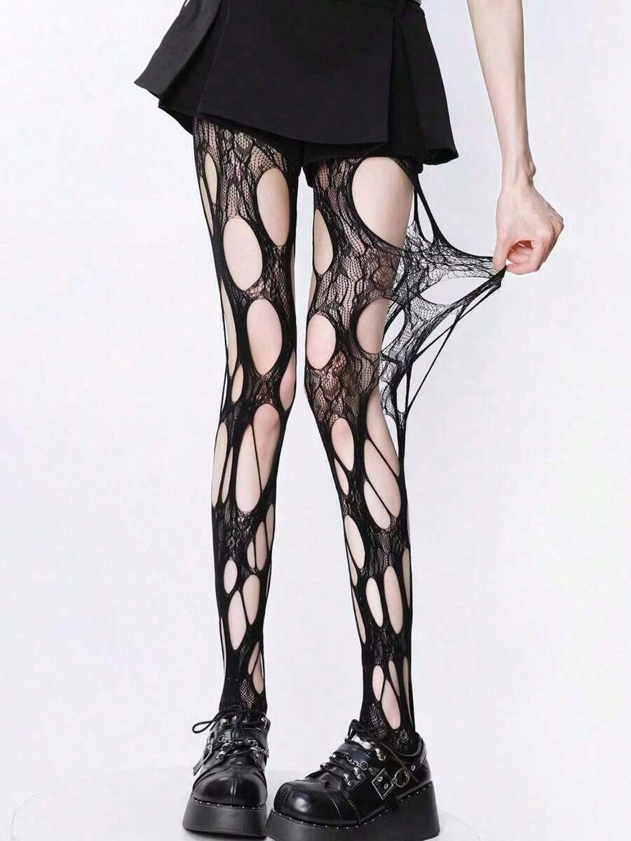 ROMWE Goth Sexy Ripped Tights, Suitable For Pairing With Mini Skirts - White - View 1