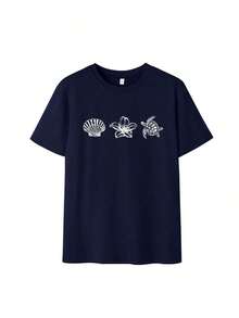 Camiseta de verano de manga corta para mujer, corte holgado, cuello redondo, en azul claro, con estampados casuales de letras, animales marinos, caparazones de tortuga y flores, ideal para uso diario y vacaciones. - Blanco - Ver 8