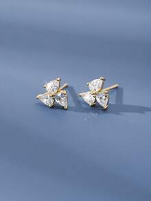 1对S925纯银三钻几何锆石耳钉，简约小众设计，百搭通勤耳环，女士款 - 幾何 - 查看 5