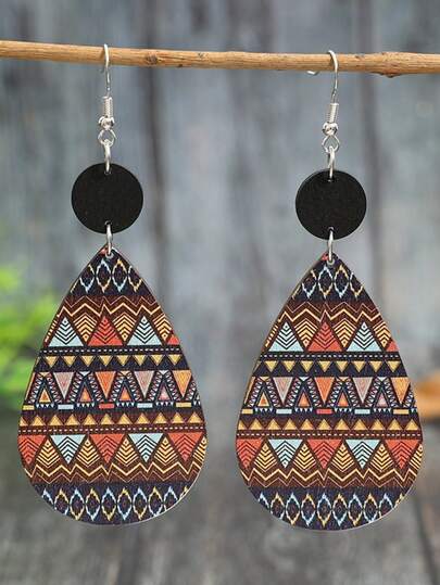 1 Pair Retro Teardrop Wooden Printed Earrings, Women's Fashion Classical Printed Earrings