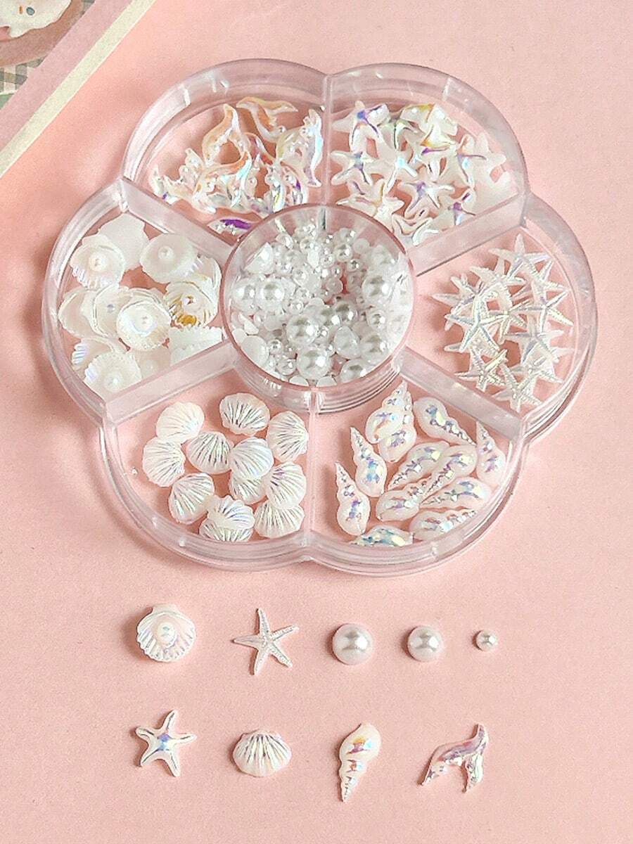 1盒3D白色海洋風美甲裝飾品-貝殼、珍珠、樹脂裝飾,適合夏季海灘、美人魚風DIY美甲配件美甲飾品 - 彩色 - 查看 1