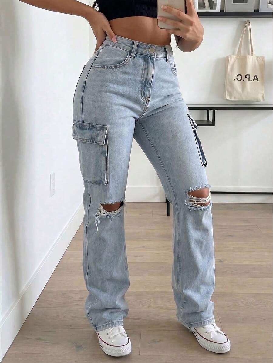 Women's High Waist Cargo Jeans With Ripped Detail, Retro Street Style, Versatile Denim Pants - Light Wash - View 1