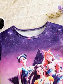 Conjunto de 2 piezas estiloso de degradado púrpura para niñas jóvenes, con parte superior estampada de dibujos animados y shorts estampados, adecuado para actividades diarias, escuela, salidas de fin de semana, fiestas, festivales de música y sesiones de fotos en primavera/verano - Morado - Ver 4