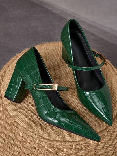 7cm Zapatos de tacón Mary Jane verdes para mujer, puntera puntiaguda, tacón grueso, hebilla, zapatos retro elegantes para uso diario, fiesta y commuting