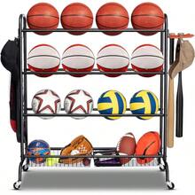 Basketball Rack, Rolling Basketball Shooting Training Stand, Sports Equipment Storage With Wheels, Four-Layer Organizer Holder With Two Basket Basketballs Footballs Volleyball - Black - View 1